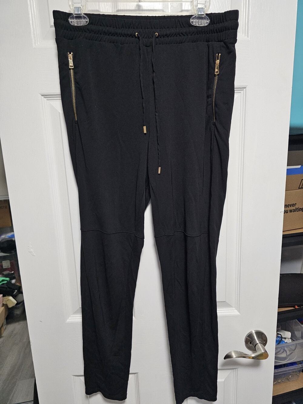 RALPH LAUREN Black Jersey Drawstring Zip Pocket Skinny Jogger Pants Sz Small